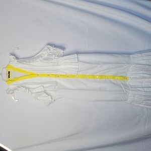 Banjul button down ruffle cold shoulder white yellow midi dress sz Medium